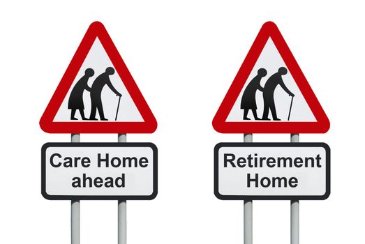 Care Home, retirement warning roadsign isolated on a white background