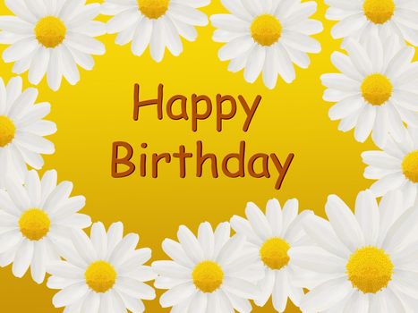 Happy Birthday card with white daisies on a yellow background