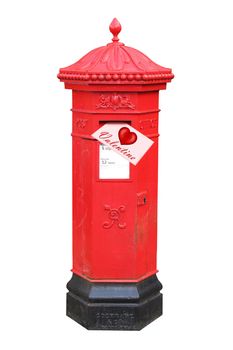 Valentine letter posted in an octagonal Victorian postbox, isolated on a white background