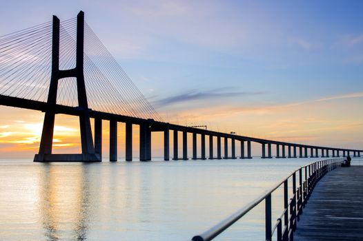 Vasco da Gama bridge in Lisbon, Portugal at sunrise