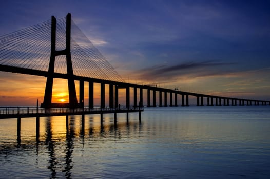 Vasco da Gama bridge in Lisbon, Portugal at sunrise