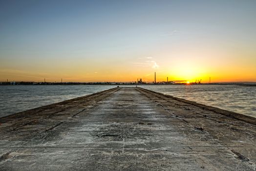 Sunset in the old docks of the Tejo river.