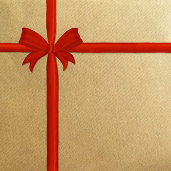 Christmas brown wrapping paper with a red ribbon, bow and copyspace