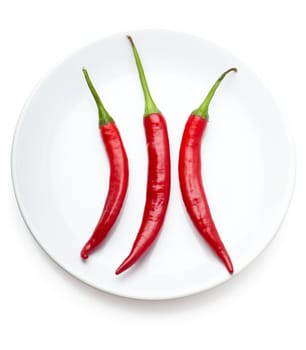 Three red chili peppers on a white plate