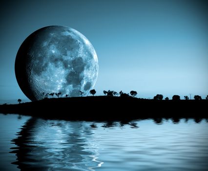 Night landscape with full moon and lake