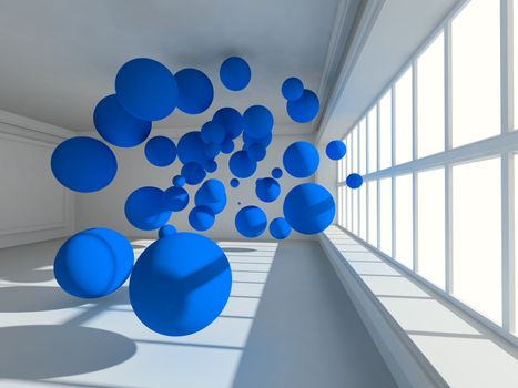 Surreal Empty interior 3d image with floating spheres