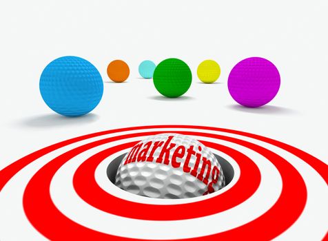 Conceptual 3d image of marketing with golf balls