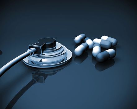 3d image of stethoscope and pills