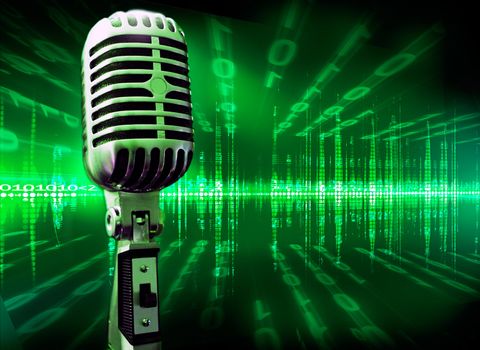 Musical technology background with microphone and screen
