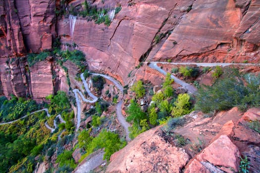 Switchbacks of the Angels Landing Trail wind down the walls of Zion Canyon in Utah.