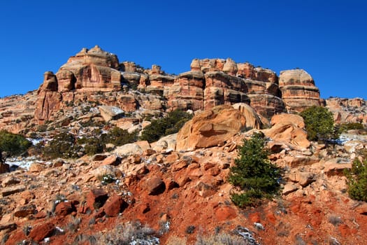 Rugged rocky scenery of Colorado National Monument on a winter day.