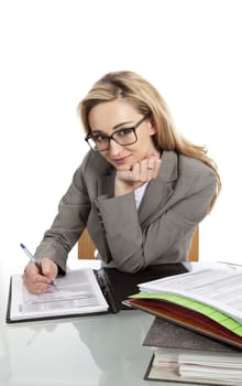 young successful business woman in the office with folder at work isolated on white background