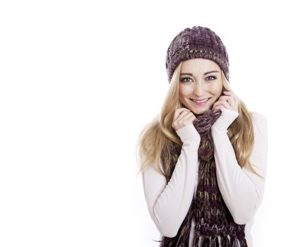 young beautiful woman with scarf and hat isolated 