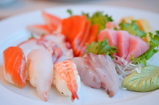 Mixed sushi and sashimi served on white plate 