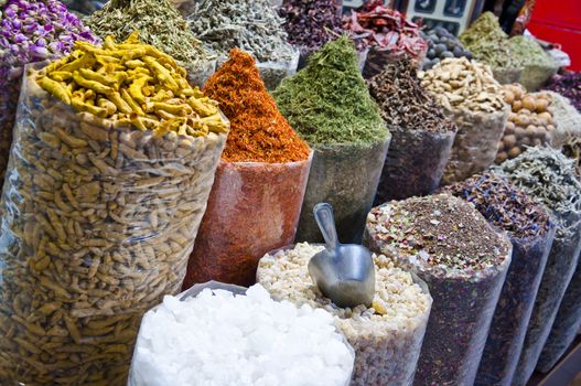 Various sorts of spice sold at the souk in Dubai, UAE