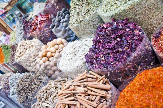 Various sorts of spice sold at the souk in Dubai, UAE