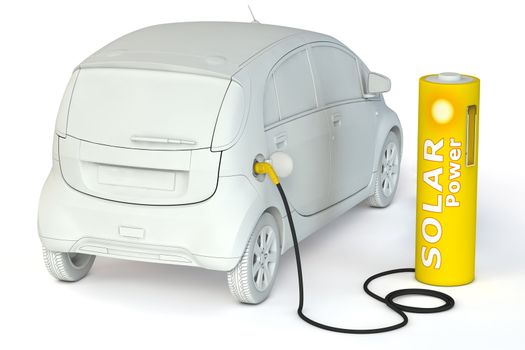 alternative energy solar power - a yellow battery as a fuel pump fuels an E-Car