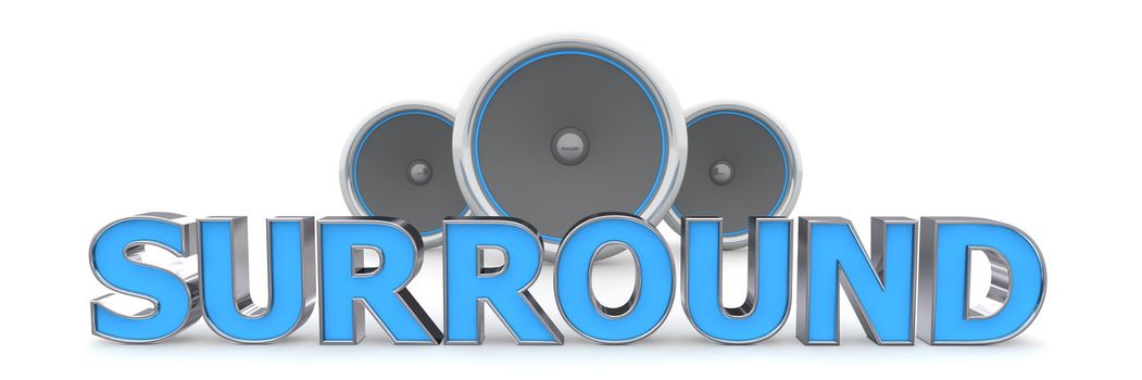 word SURROUND with three speakers in background - blue