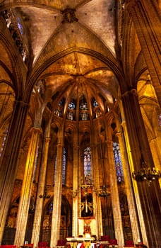 Stone Columns Catholic Basilica Barcelona Cathedral in Catalonia Spain.  Built in 1298.