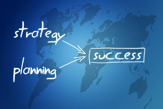 concept of strategy and planning result in success - on blue background with world map