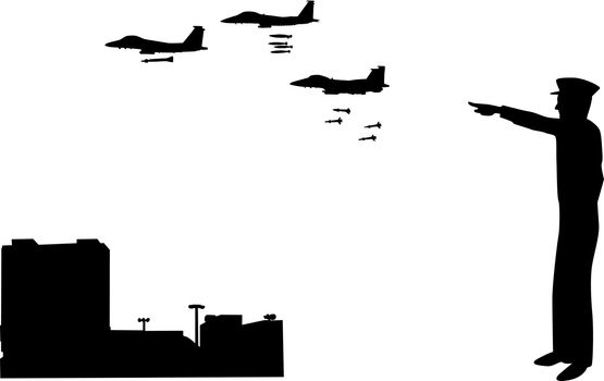 A silhouette scene of a commissioned officer in the army sending jets to attack the city.