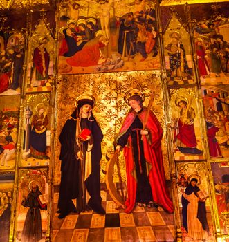 Painted Choir Stall Mary Catholic Basilica Barcelona Cathedral in Catalonia, Barcelona, Spain.  Cathedral built in 1298.