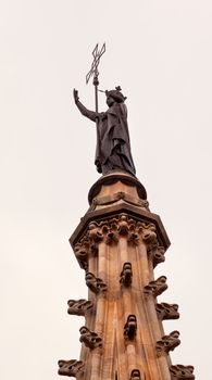 St Eulalia Statue Top of Main Spire Catholic Barcelona Cathedral Catalonia Spain.  Built in 1298.  St Eulalia is a 4th Century Marytr, who is buried in the Cathedral.