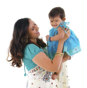 Happy Indian mother and daughter on white background