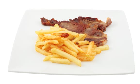 dish of lamb chop snooze pork with fried potatoes cut off and isolated