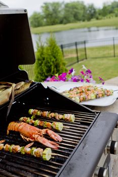Mediterranean fish shish kebabs and lobsteron the BBQ almost ready. Hungry people waiting.