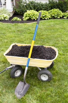 Mulching the around the house with dumping cart and showel. Nice weekend project.