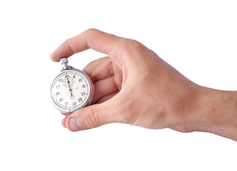 hand and stopwatch isolated on white background