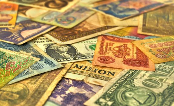 retro banknotes closeup, currencies from around the world 