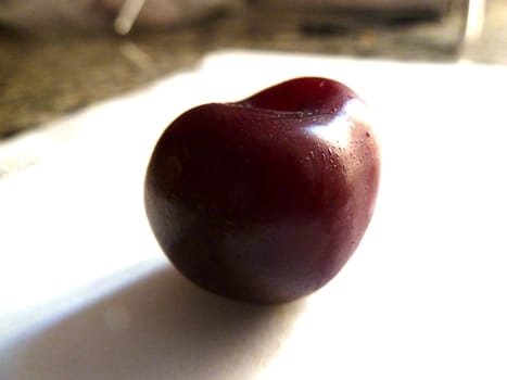 single fresh red cherry with a shadow
