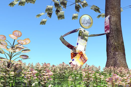 a man made of euro banknotes and coin is leaning against a tree at the top of a hill in a meadow of plants with one euro coin instead of leaves in a blue sky background