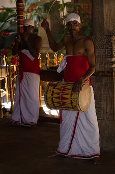 Kandy, Sri Lanka, December 8, 2011- Traditional ceremonial drummer beats the drum in the Temple of the Sacred Tooth Relic Flame