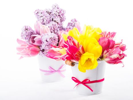 Bouquets from tulips and lilac on white