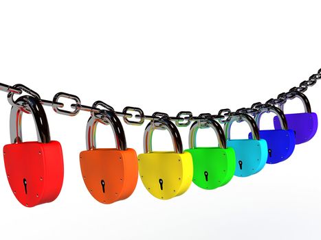 Some colored locks hanging on a chain