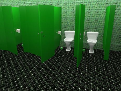 Interior of a public restroom with a green tiles
