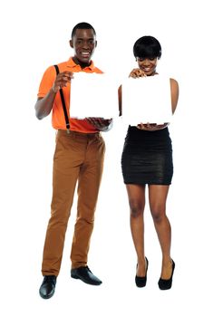 Full length shot of attractive african couple with pizza boxes