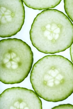 Grid of green vegetable slices on bright background