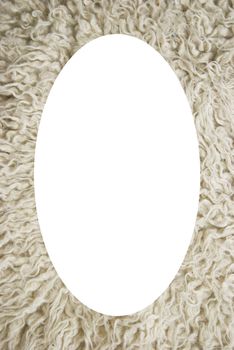 Isolated white oval place for text photograph image in center mat near bed made of white wool