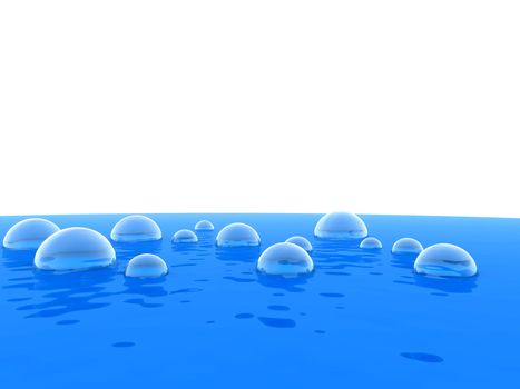 clean liquid of blue color with bubbles on a surface on a white background