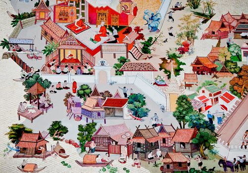 BANGKOK ,THAILAND - MAY 19 : Ancient  painting on monastery wall in Buddhist temple on May 19, 2012 in Bangkok, Thailand. Ancient painting showing the cultural life of Thai people in ancient times