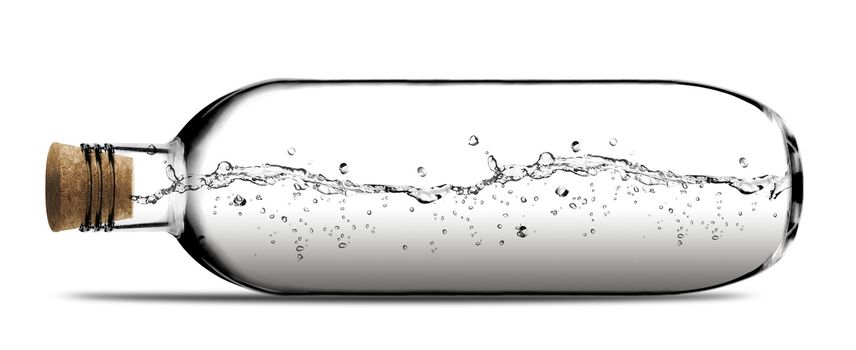 Glass bottle with water and cork on white background.