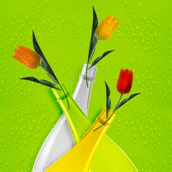 Three colored empty glass bottles and tulips.