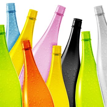 Set of colored empty glass bottles background.