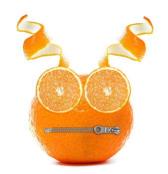 Cartoon face created from orange slices, peel and zipper.