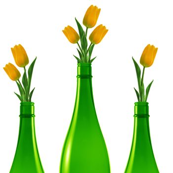 Three green glass bottles with yellow tulips.