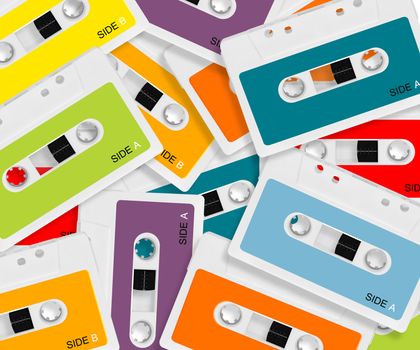 set of colored audio casettes background.